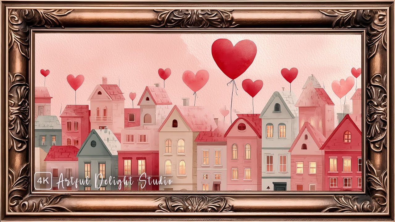 Heart Balloons in Town Frame TV Art | TV Screensaver | Bronze Frame | 4K | Relaxing Jazz Music
