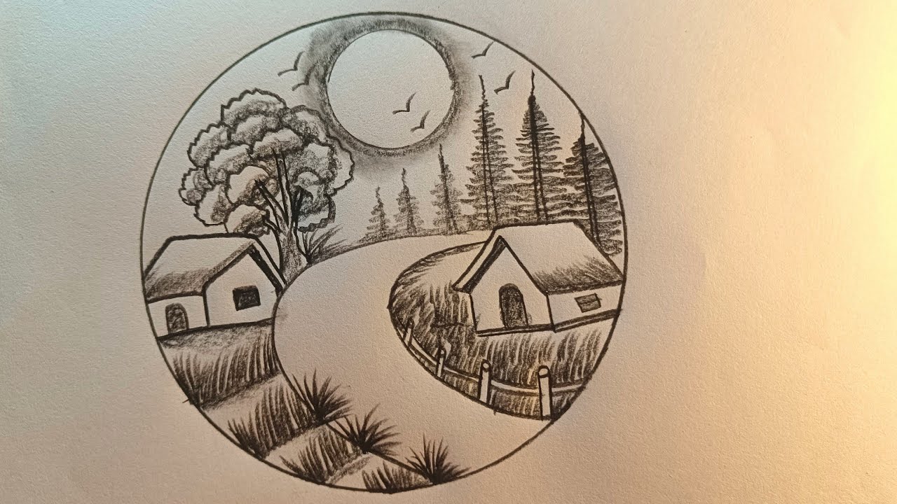 How to draw road side nature beautiful village scenery by sketch #villagescenary #roadside 