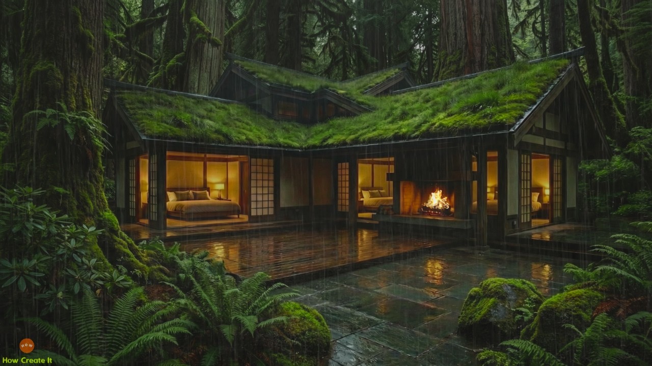 Serene Rainy Night, Fireplace and Soft Thunder for Zen Calm in a Japanese Emerald Refuge Forest Home
