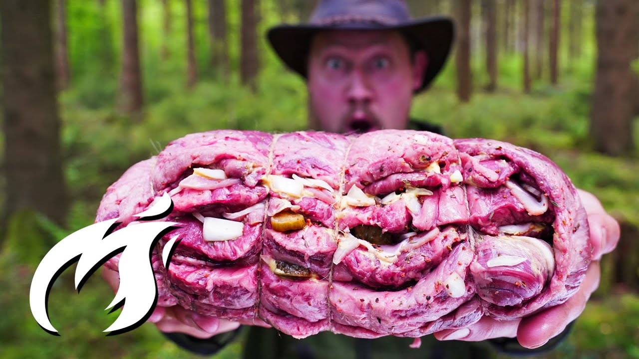 Meine größte Fleischrolle im Wald gegrillt ASMR über Feuer 🔥🔥🔥