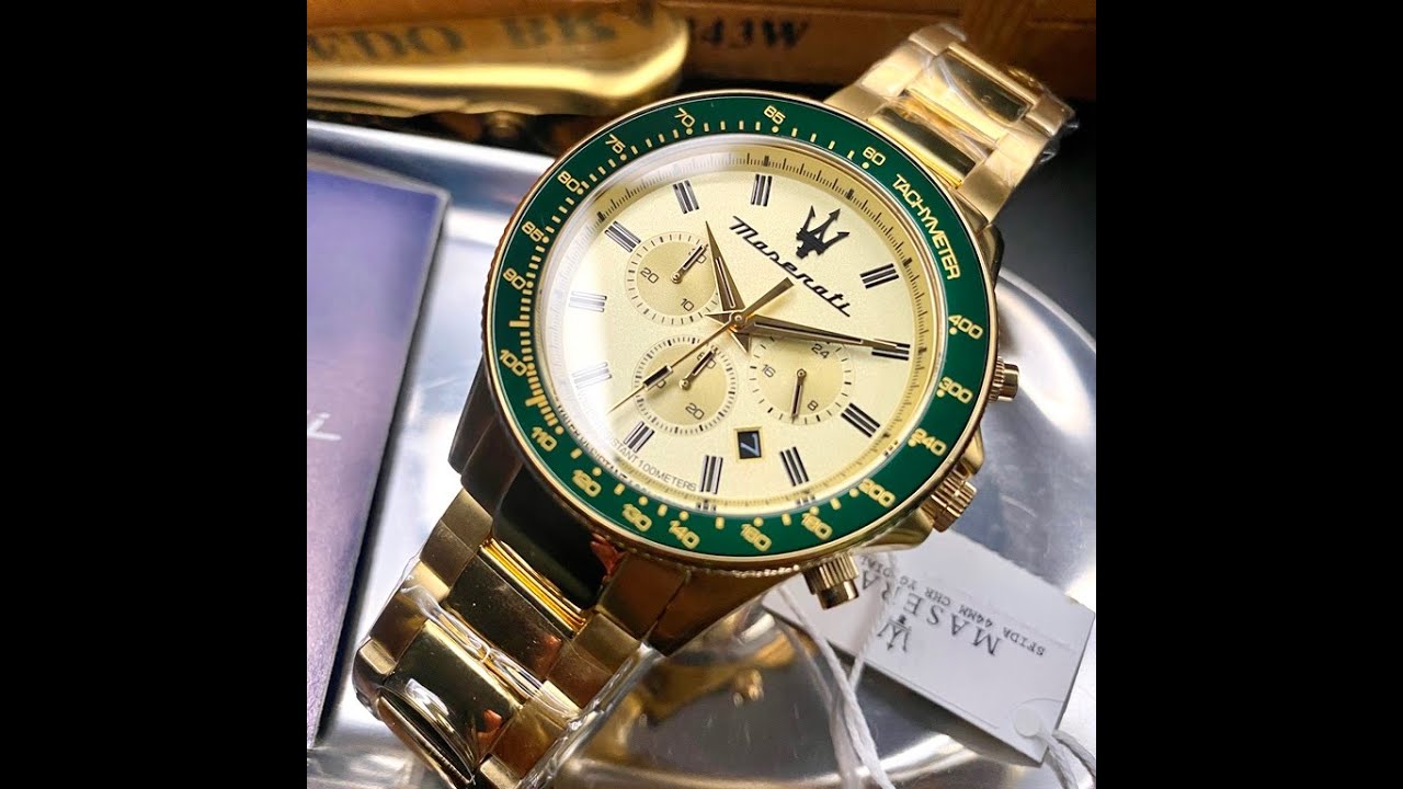星晴錶業－MASERATI手錶,編號R8873640005,44mm綠金圓形精鋼錶殼,金色三眼, 中三針顯示, 水鬼錶面,金色精鋼錶帶款,斜體瑪莎logo方為新款正貨