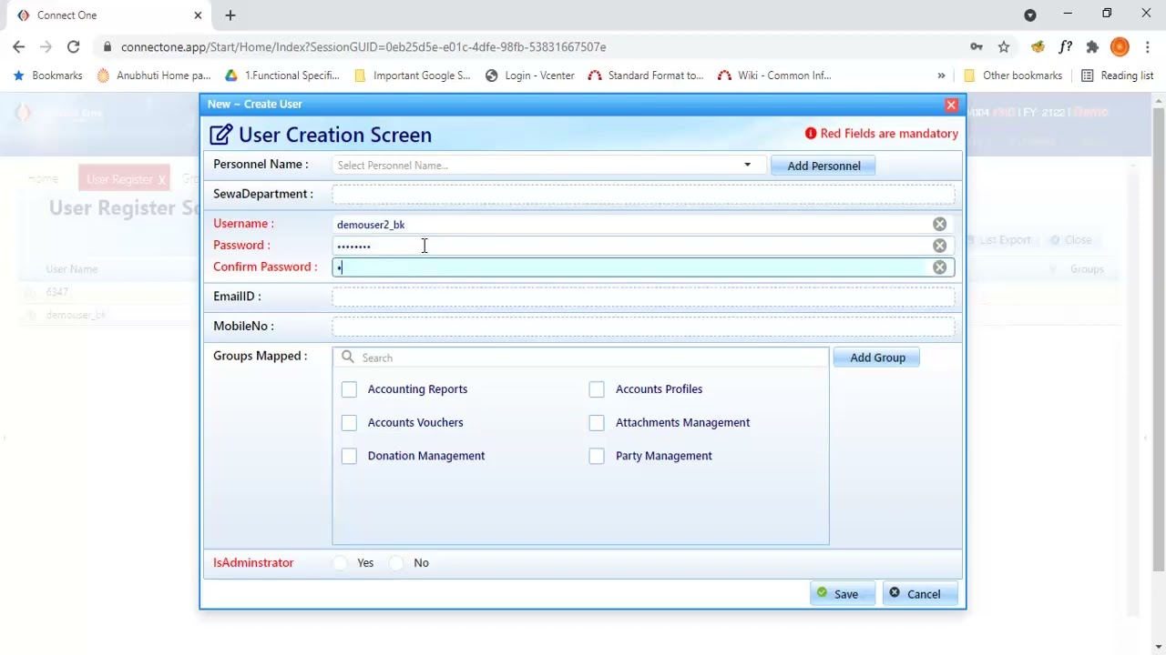 Application User Management Demo in Connectone Web