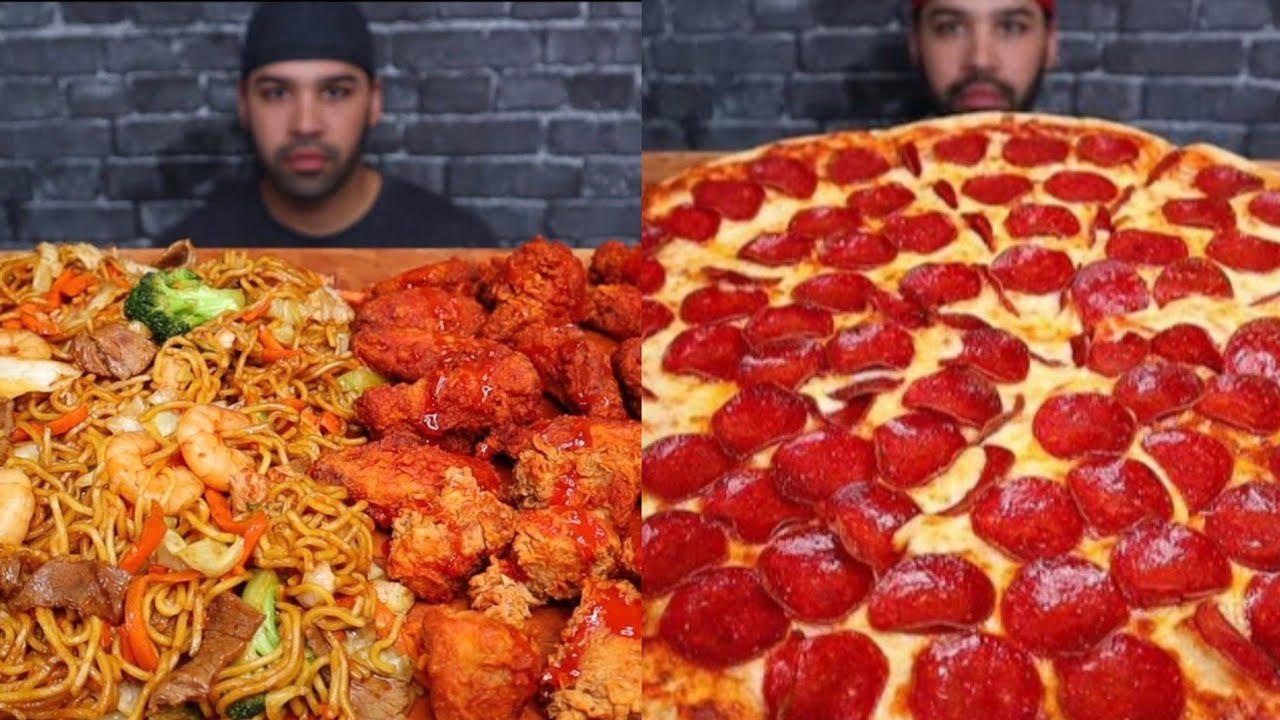 (ASMR NO TALKING) NOODLES WITH BEEF, SHRIMP, CHICKEN & VEGETABLES. POPEYES WINGS & COSTCO PIZZA