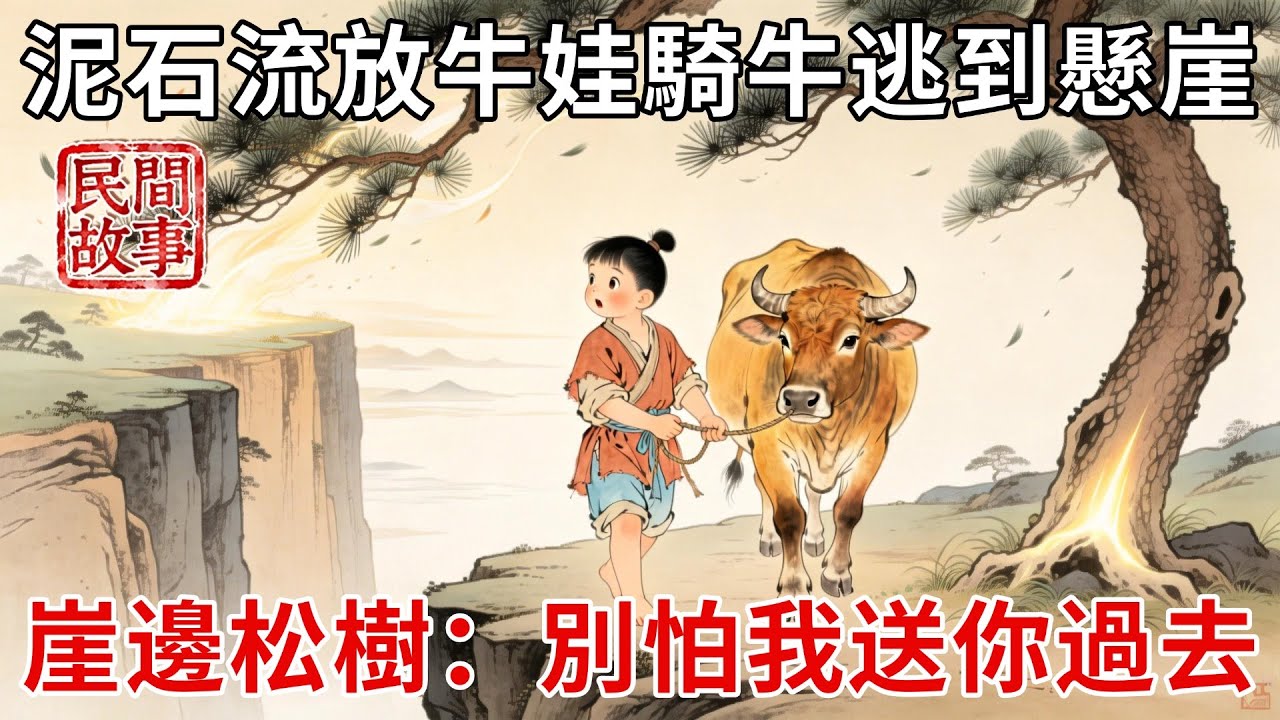 泥石流掩埋村落，放牛娃騎著老牛逃到懸崖邊，望著萬丈深淵發抖時，崖邊的老松樹突然晃枝：別怕，我送你過去！#民間故事 #傳統文化 #原創虛構 #華語有聲書 #槐樹下聽書