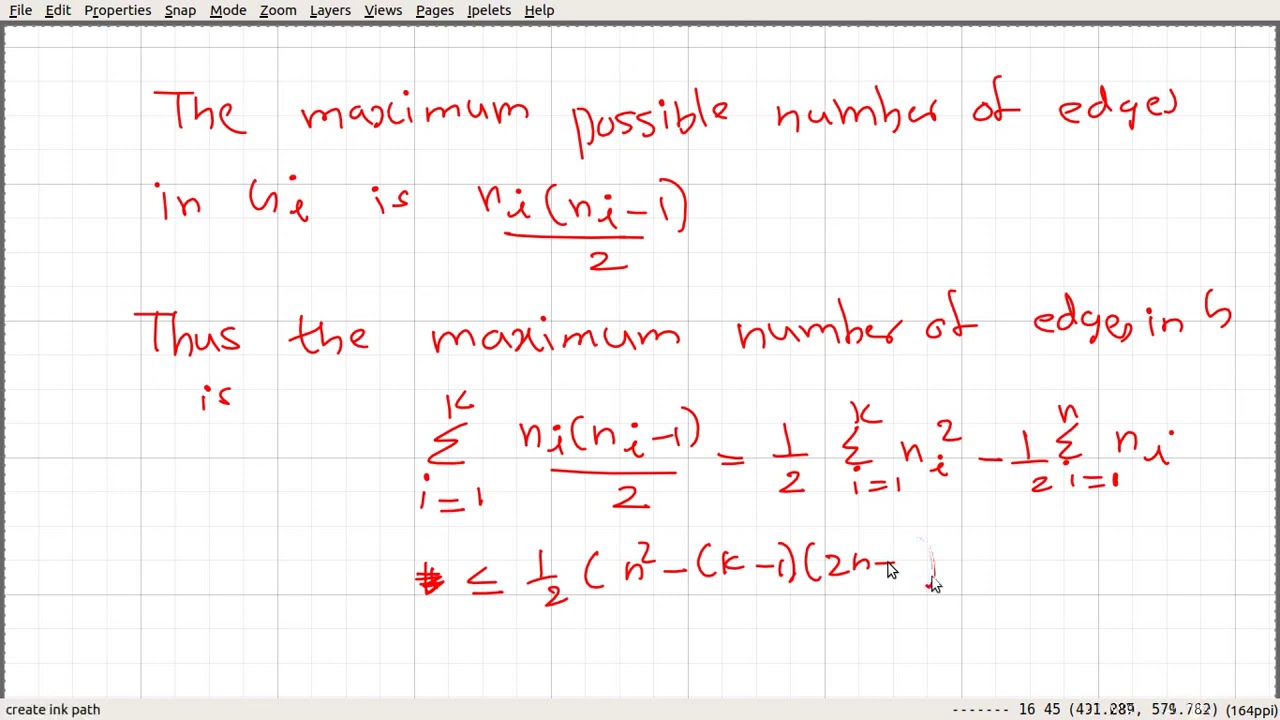 Video 18: A simple graph with n vertices and k components can have at most (n-k)(n-k+1)/2 edges.