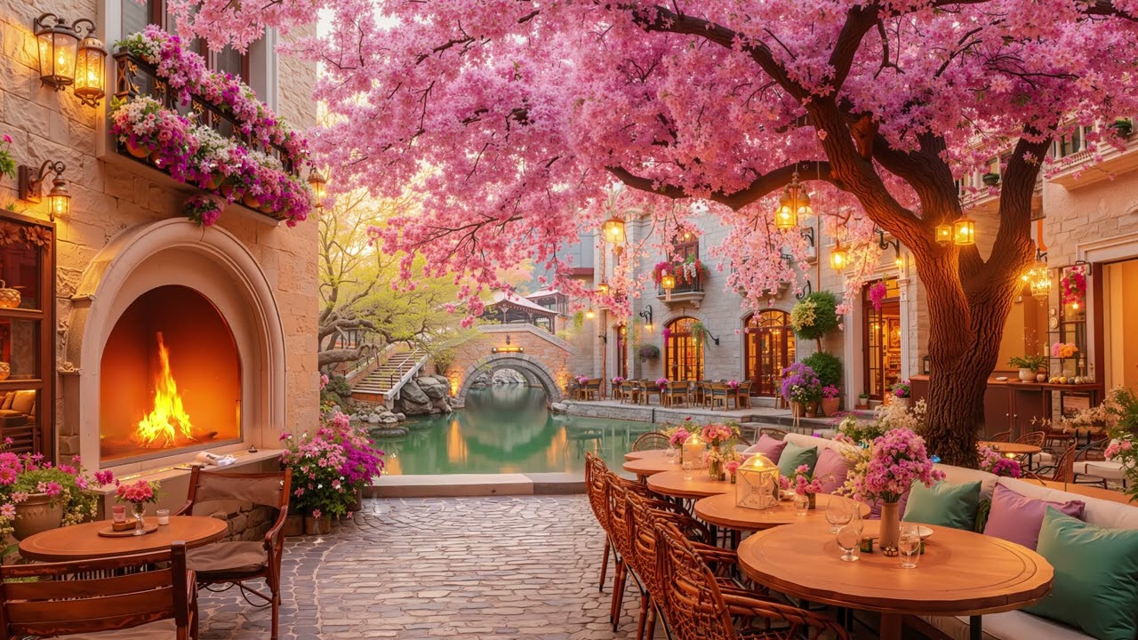 Cozy Spring Porch Ambience with Jazz Piano Relaxing Music & Fireplace Sounds  for Studying