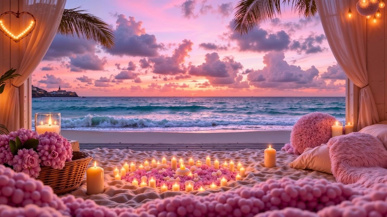 💖 Pink Valentine’s Beach Paradise 24/7 💕 Ocean Waves, Cozy Fireplace & Healing Love Ambience