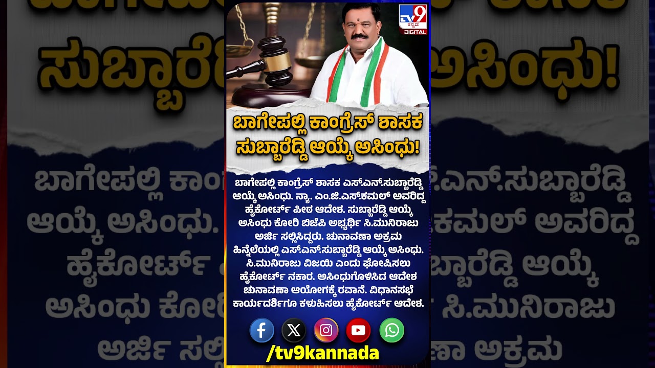 SN Subbareddy: ಚುನಾವಣಾ ಅಕ್ರಮ ಹಿನ್ನೆಲೆ SN ಸುಬ್ಬಾರೆಡ್ಡಿ ಆಯ್ಕೆ ಅಸಿಂಧುಗೊಳಿಸಿ ಹೈಕೋರ್ಟ್ ಆದೇಶ | #TV9D