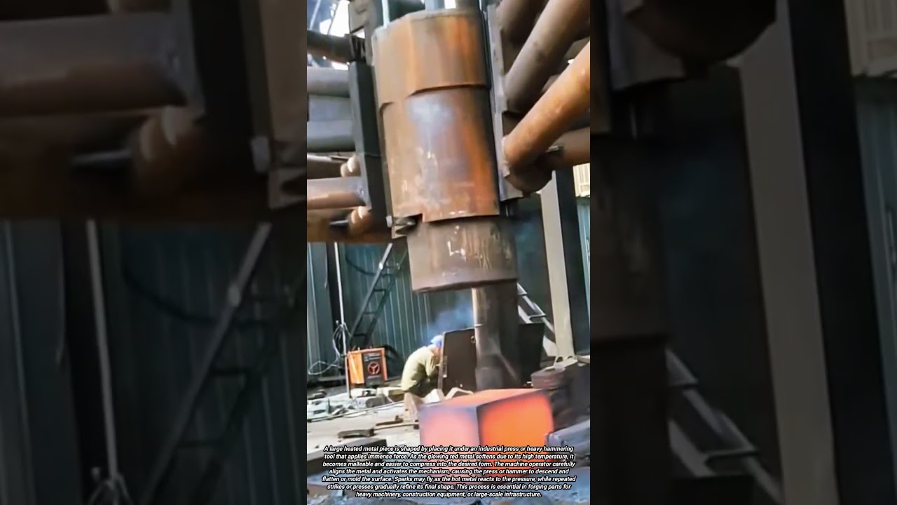 Shaping a Massive Heated Metal Block Using a Powerful Industrial Forging Press