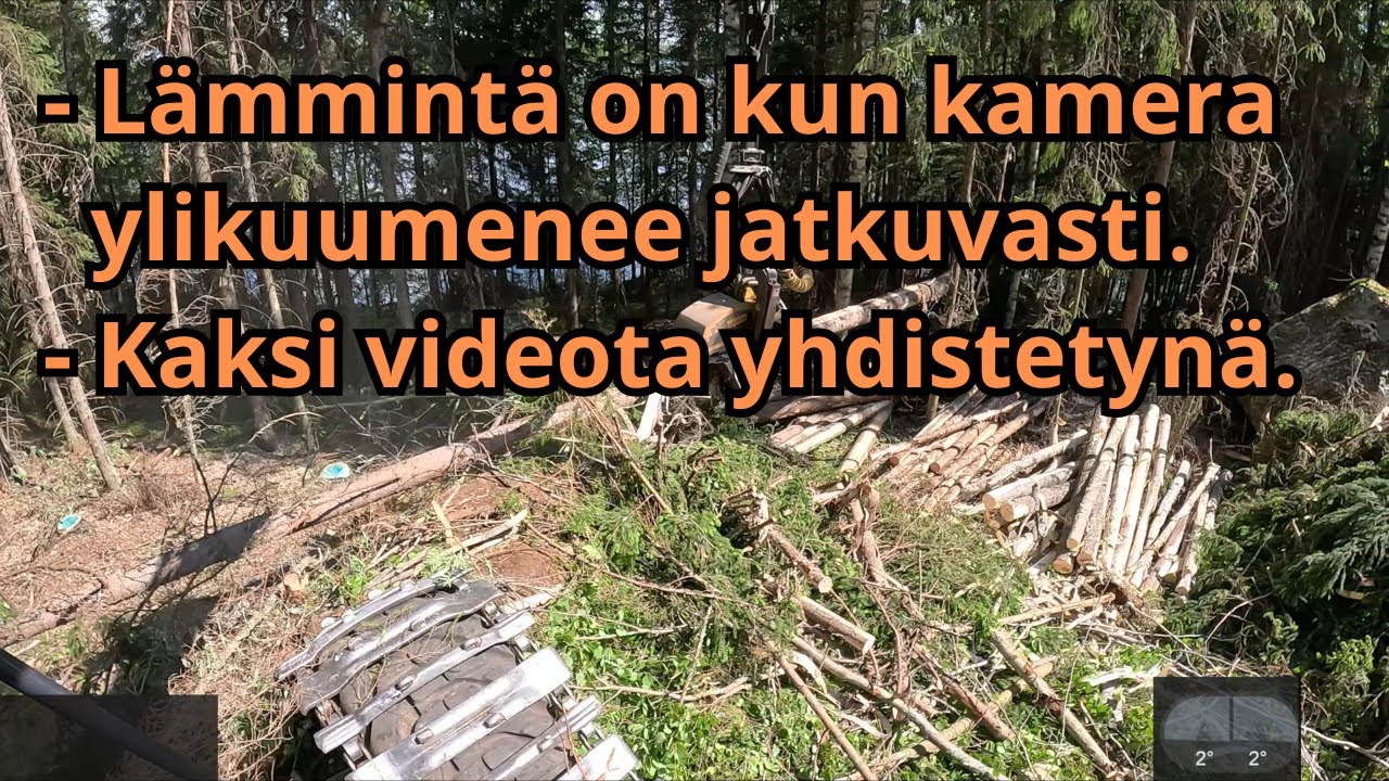 Kaksi lyhyttä videoo yhdistettynä. Kiviä ja sähkölinjan laidalla aukkoa. Ponsse Scorpion K H7 AC FC