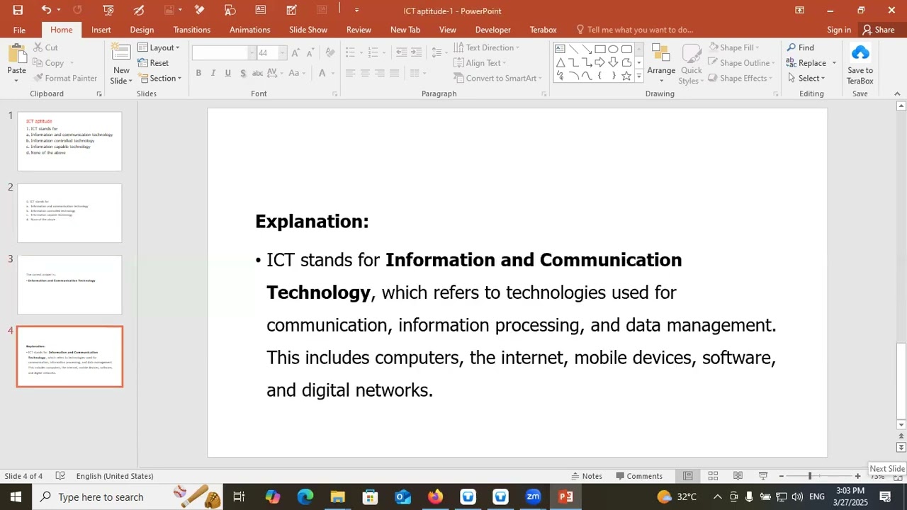 ICT stands for Information and communication technology/ICT aptitude