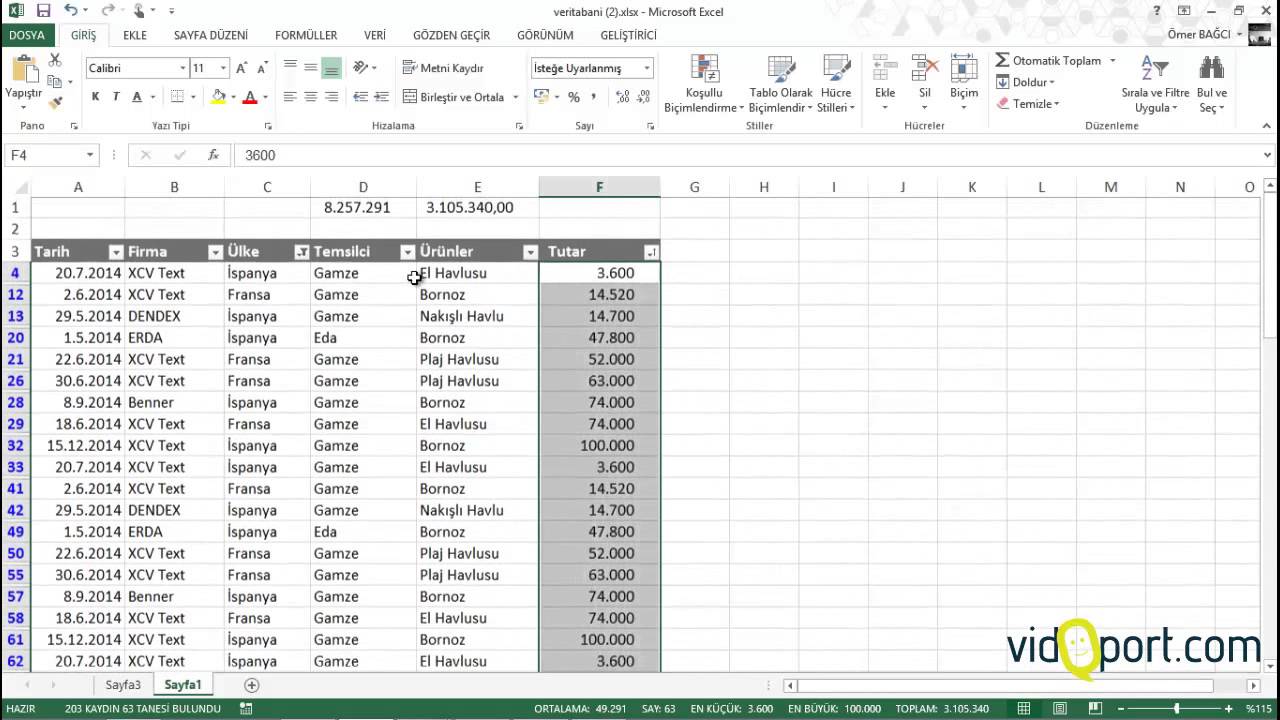 Excel'de Filtre Uygulanan Alanların Toplamını, Ortalamasını almak 