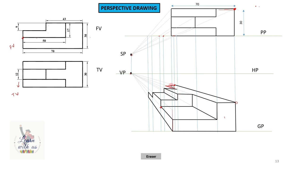 Engineering Drawing -II / Perspective Drawing-One Point Perspective from given orthographic drawing