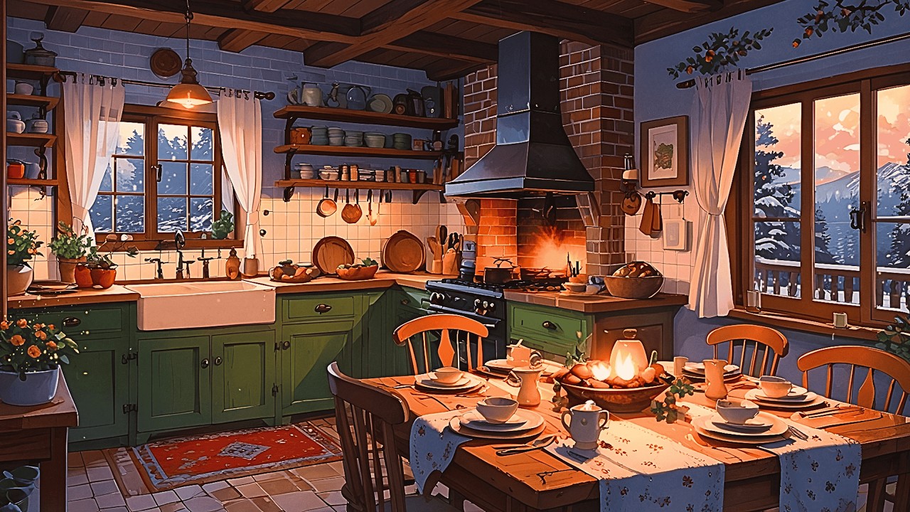 Peaceful Snowy Morning and You’re Listening to Vintage Music in a Cozy Kitchen | unwind relax sleep