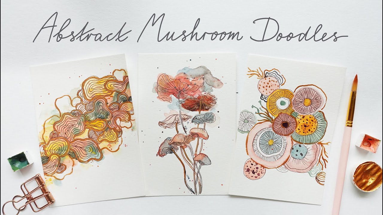 Abstract Mushroom Doodles with Watercolors and Pen
