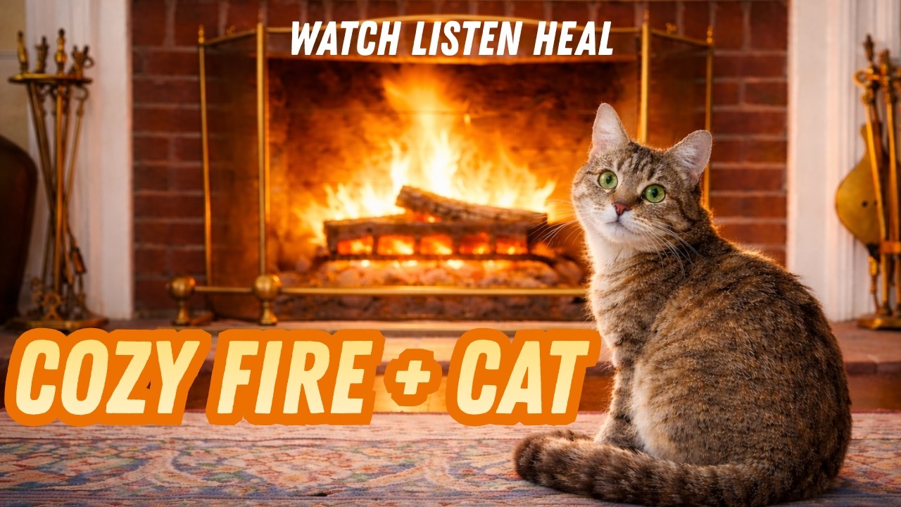 4K Fireplace Crackling Sounds (1 Hour) - Wait for the Cat
