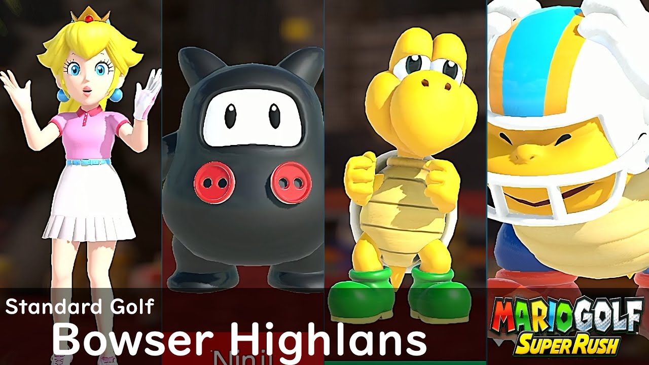 Mario Golf Super Rush Peach vs Ninji vs Koopa Troopa vs Chargin Chuck in Bowser Highlands