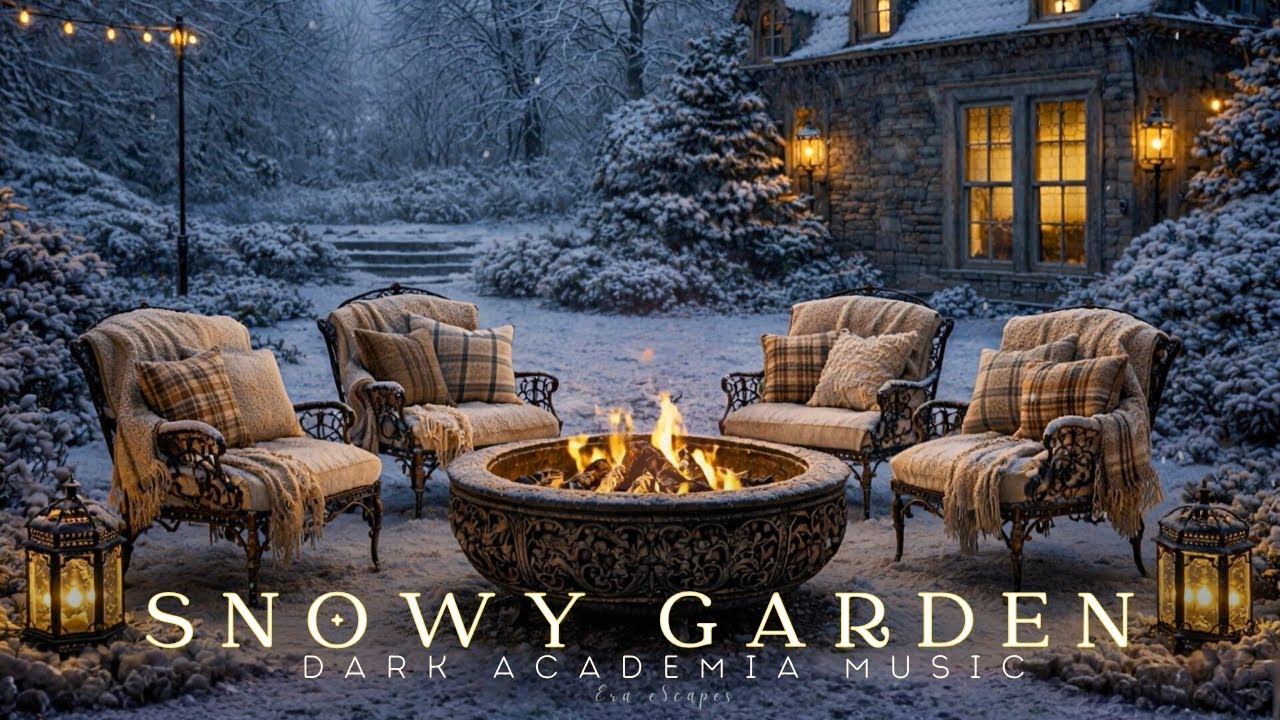 Snowy Winter Cottage Garden | Dark Academia Piano Music & Cozy Fireside Ambience for Study & Sleep