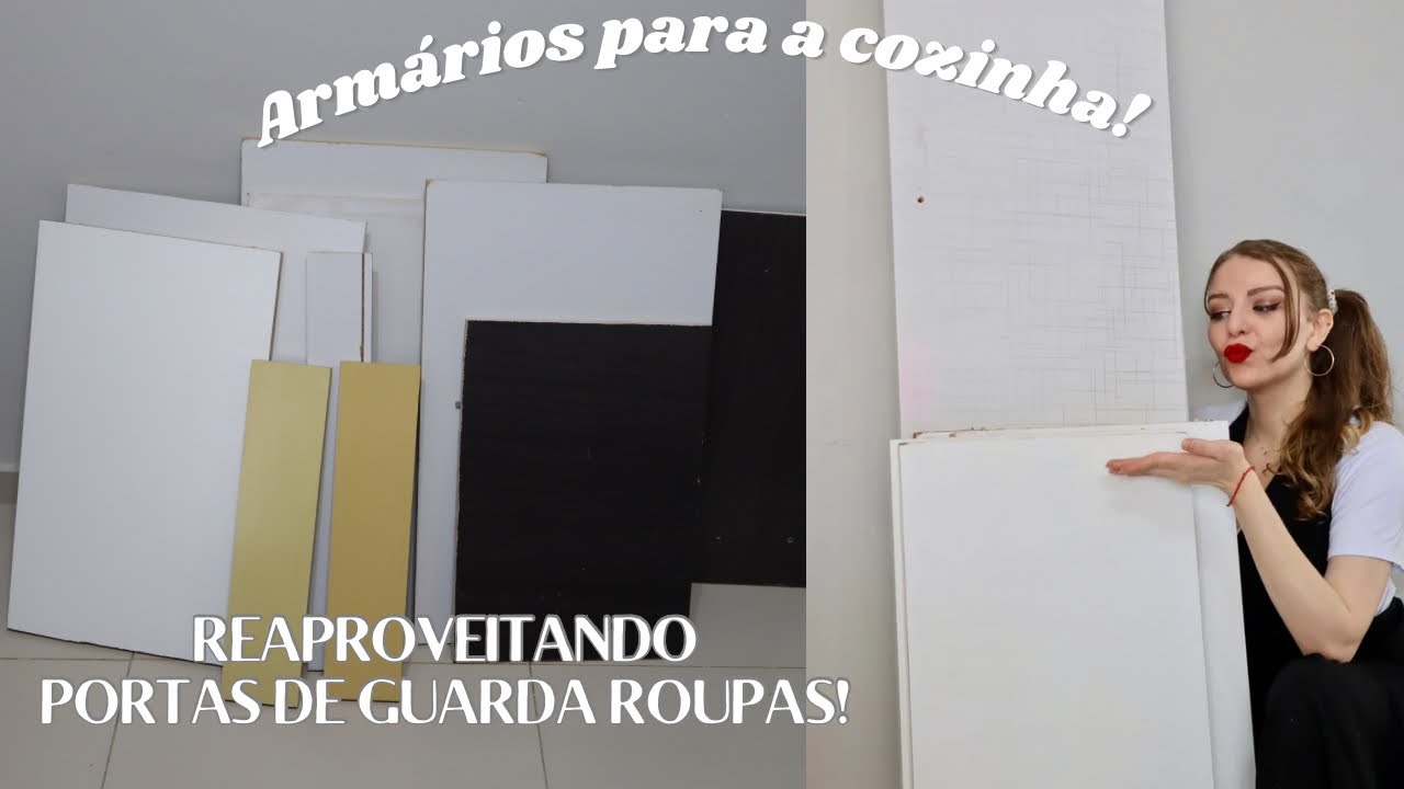 Peguei portas de guarda roupa na rua para fazer os móveis da cozinha! Móveis com sobras de madeira