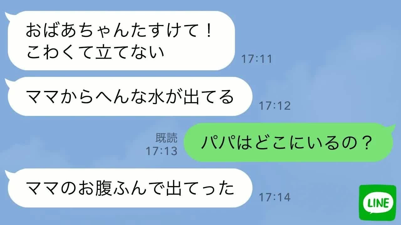 【LINE】深夜に４歳の孫からSOS「ママから変な水が出た」私「パパは？」孫「ママのお腹踏んで出て行った」私「え？」