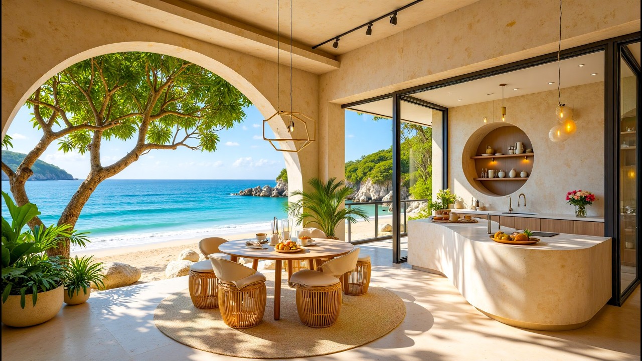 Luxury Living Room by Hawaii Beach | Jazz Music & Ocean Waves Ambience