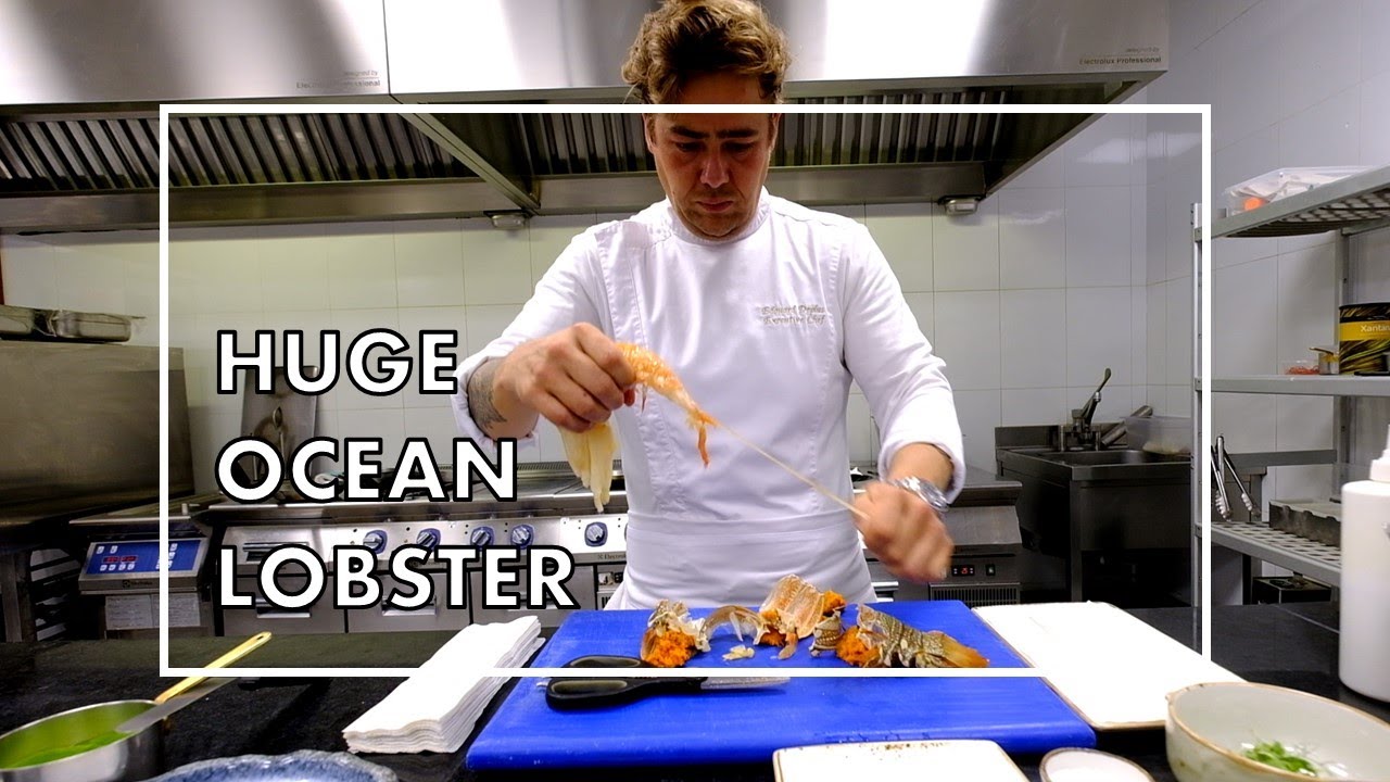 Gigantic Maldivian lobster with peas at Hurawalhi Maldives, prepared by Chef Edouard Deplus