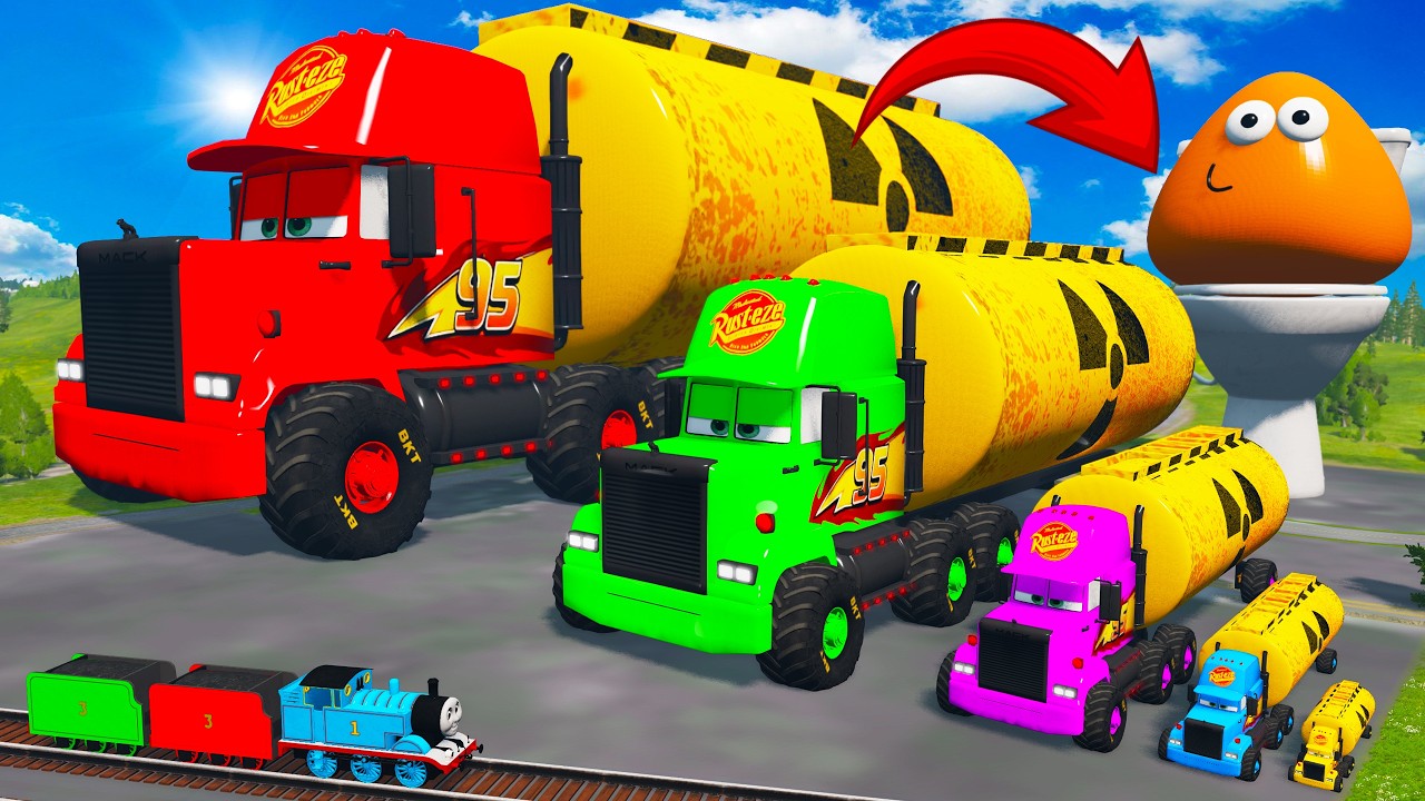 Big & Small Colors Long Mack Truck Oxy VS Trains - Long Car vs Portal Trap - BeamNG.drive
