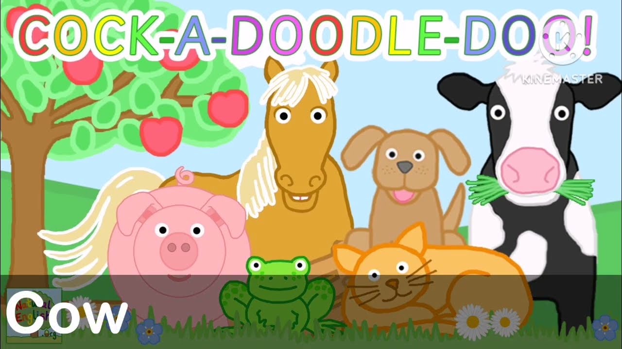 Animal sounds with cartoon boy playing wind instrument