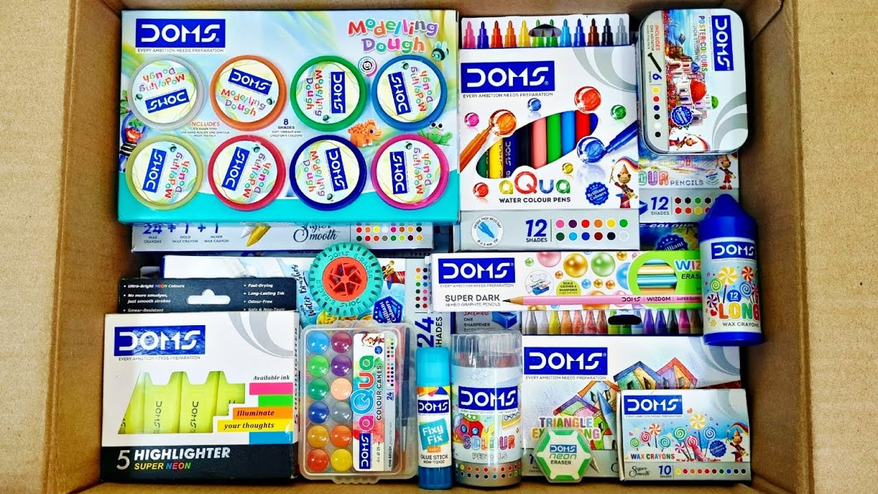 Unboxing New DOMS Stationery, Modelling Dough, Pencil, Oil Pastel, Poster Colour, Eraser, Wax Crayon