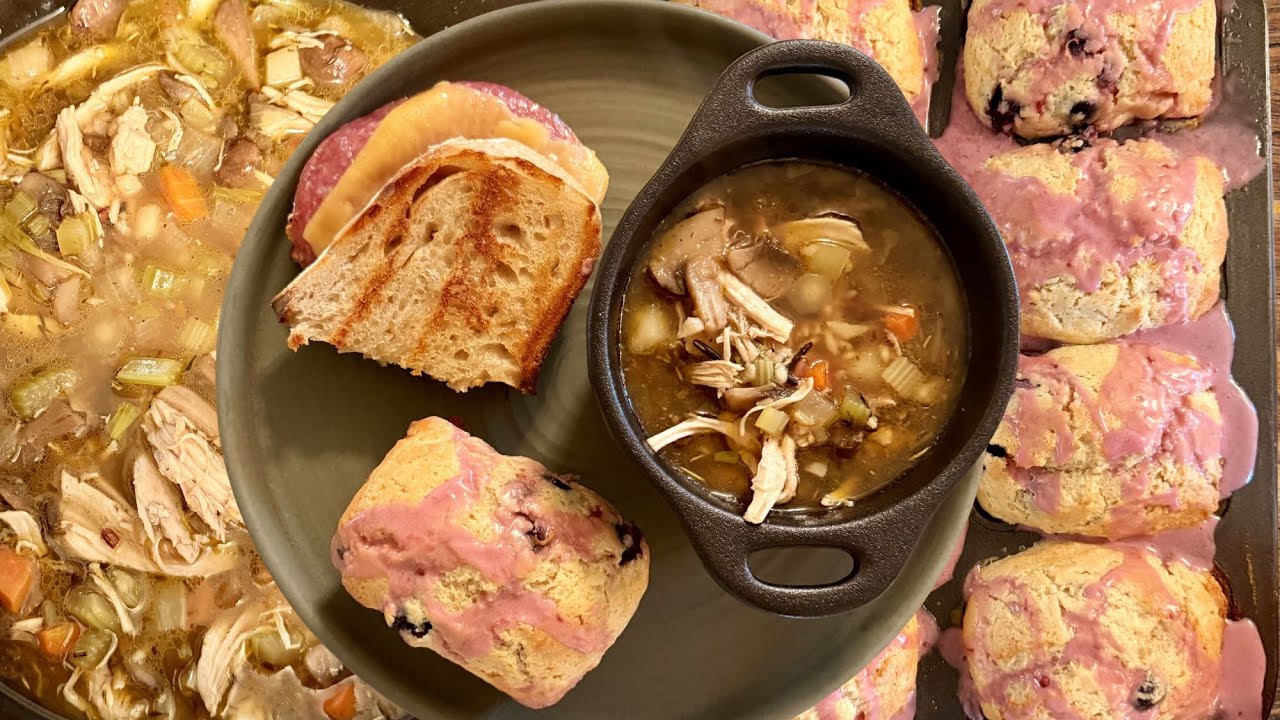 Homemade Chicken Wild Rice Soup + Sourdough Blueberry Mini Loaves & Salami Gouda Grilled Cheese