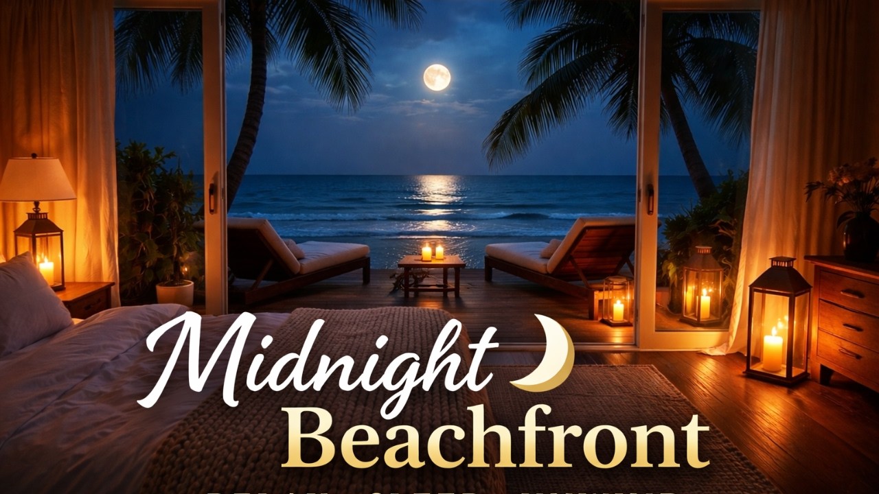 Midnight Beachfront Patio🌙 Gentle Waves, Flickering Candles & Swaying Palms | Resort Night Ambience