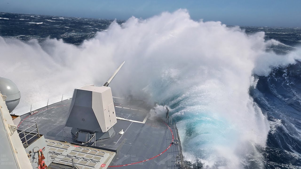 US Navy Destroyer Battling Monster Waves During Rough Storm at Sea