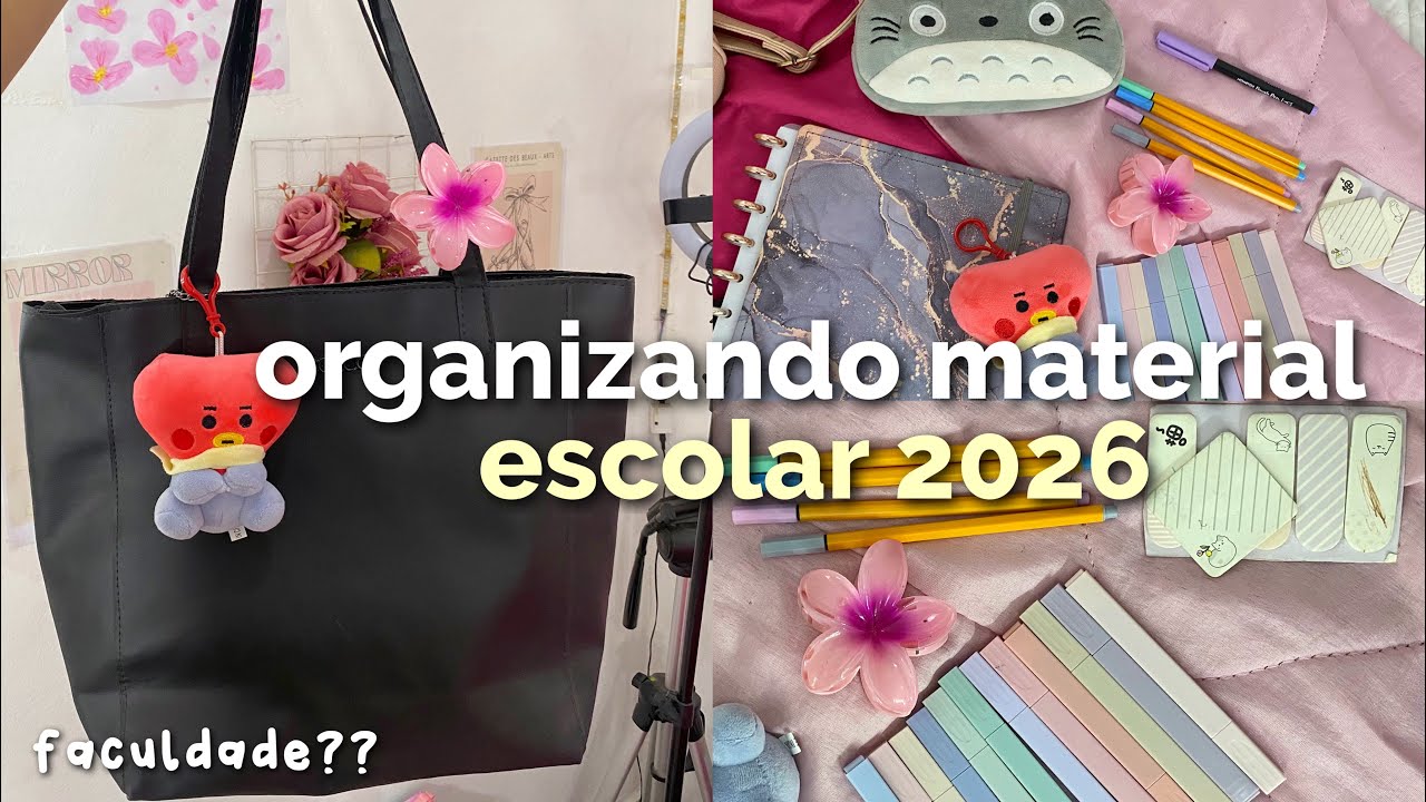 organizando meu material escolar 2026! ✨💗 *caderno, estojo, bolsa mochila, estojo, canetas*