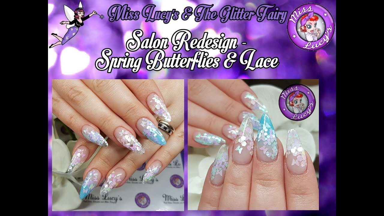 Acrylic Nails - Salon Redesign - Butterflies & Lace - Blue & White Spring