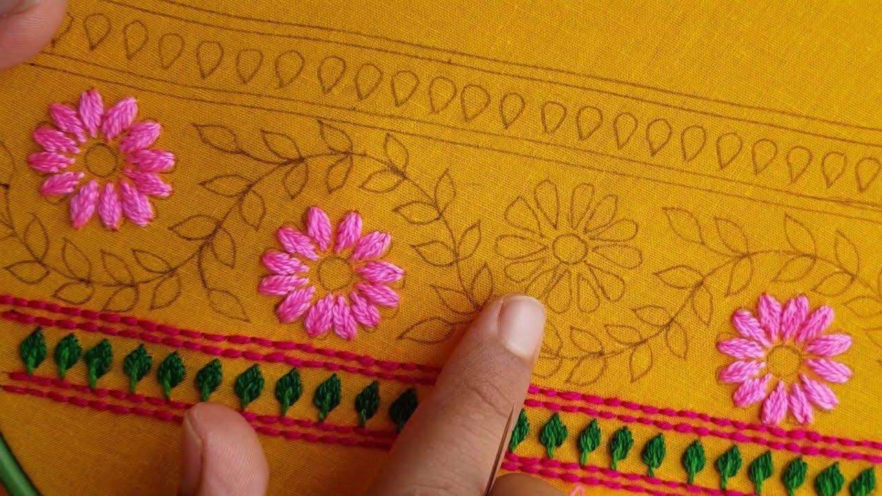 হাতের কাজের জামার নিচের ডিজাইন সেলাই, Hand Embroidery dress borderline design, fishing stitch