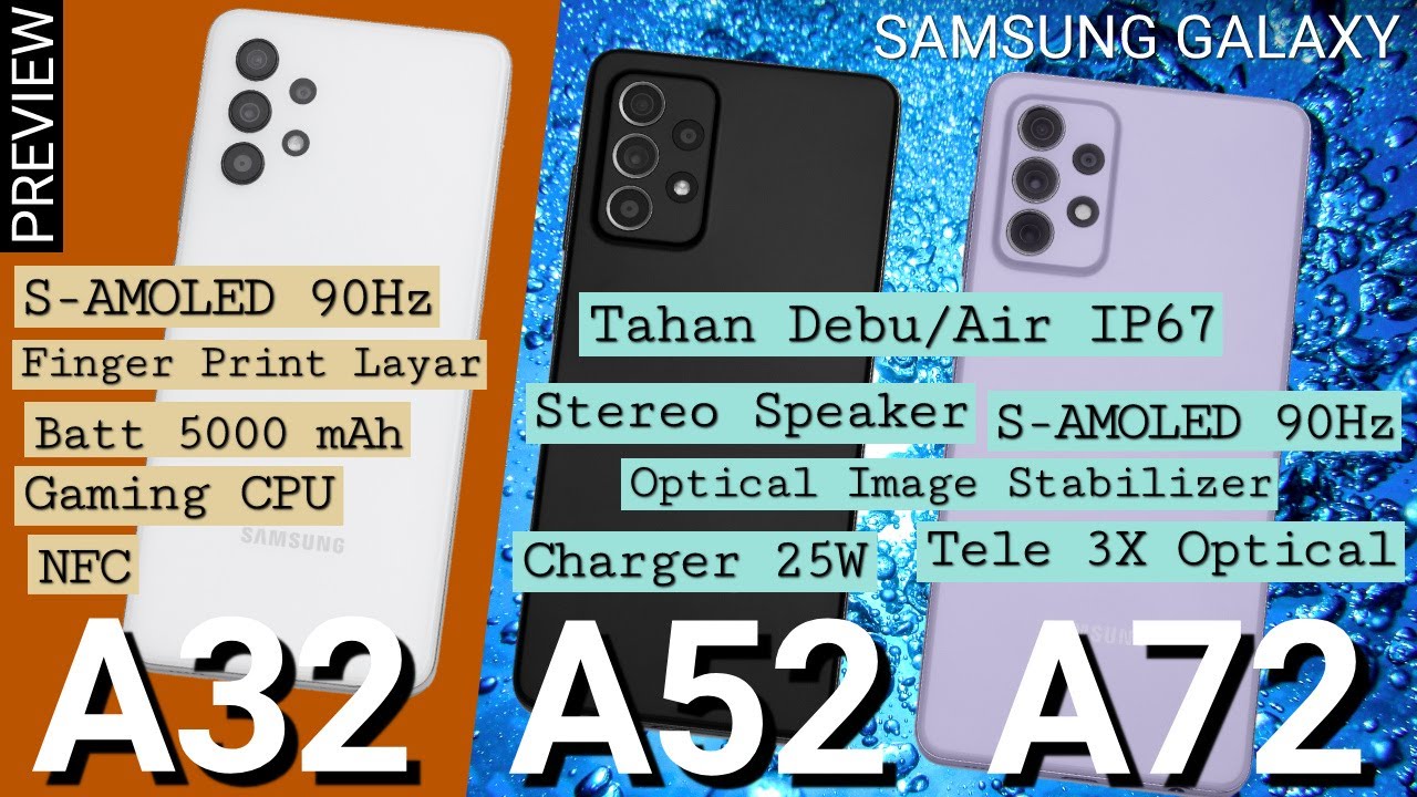 S-AMOLED 90Hz, Tahan Air, 2-Speaker, Fitur Ekstra: Preview Samsung Galaxy A72, A52, A32 - Indonesia