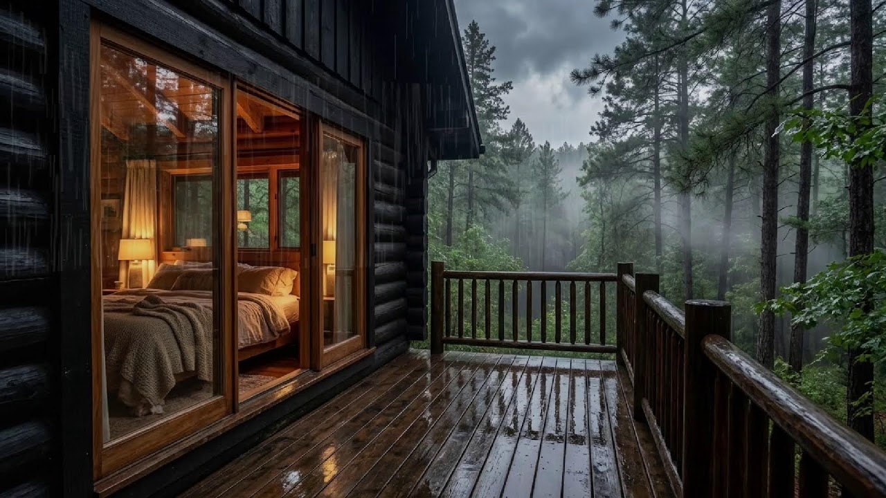 Gentle Forest Rainfall at Night Inside a Warm Cabin 🌲🌙 | Relaxing Sleep Ambience