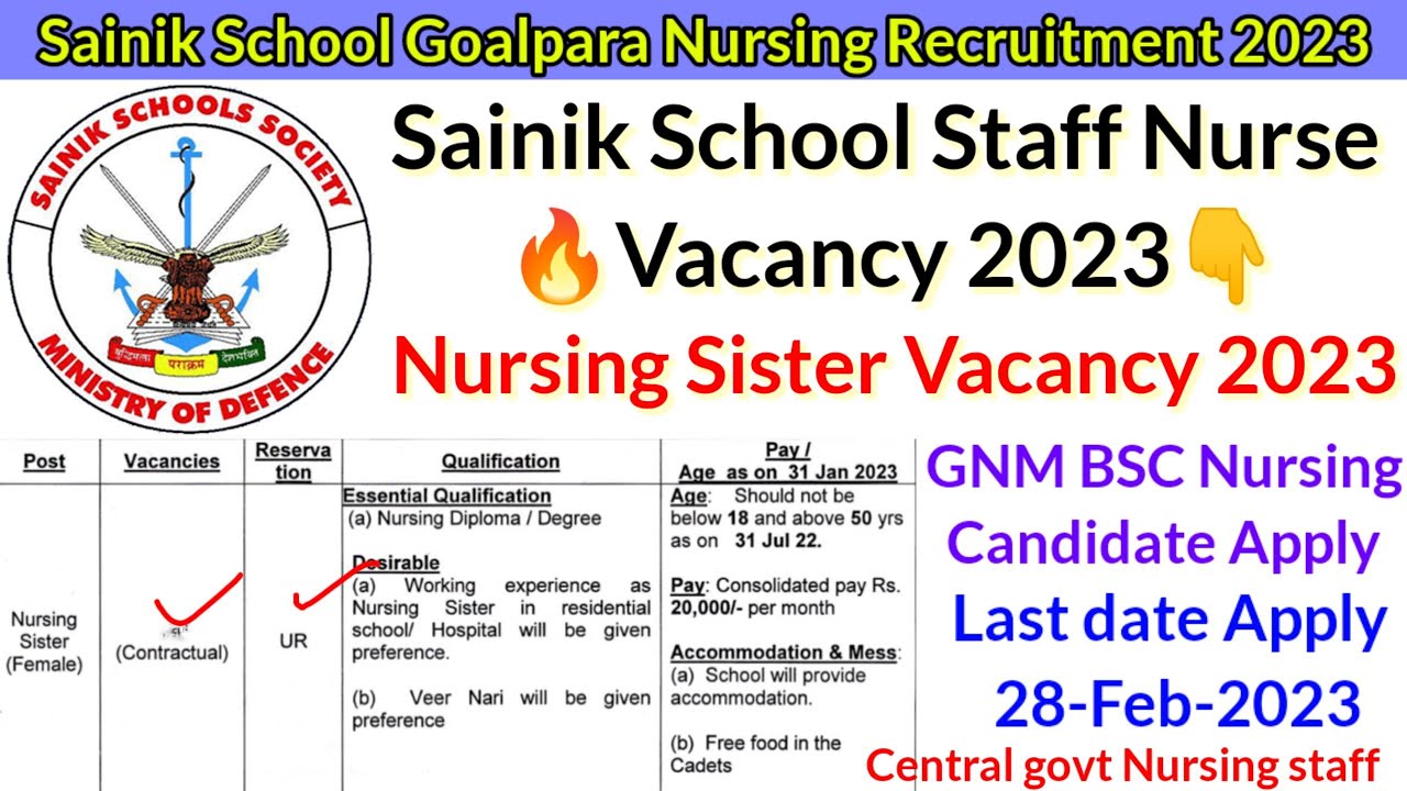 Sainik School Staff Nurse Vacancy 2023,Nursing Sister Vacancy 2023,Staff Nurse Vacancy,Nursing Vacny