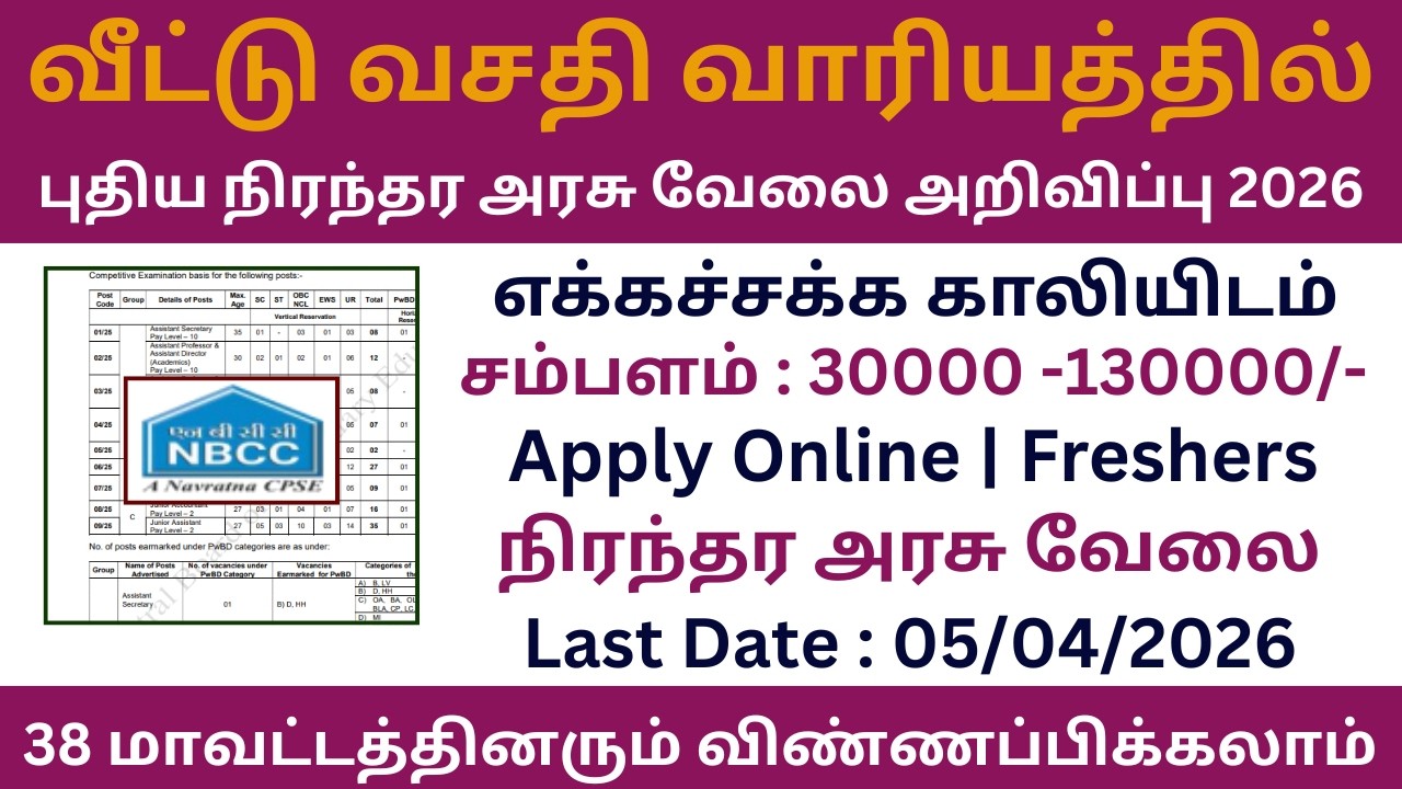 👉 வீட்டு வசதி வாரியத்தில் புதிய நிரந்தர அரசு வேலை 2026 | Job Vacancy 2026 | NBCC Recruitment 2026