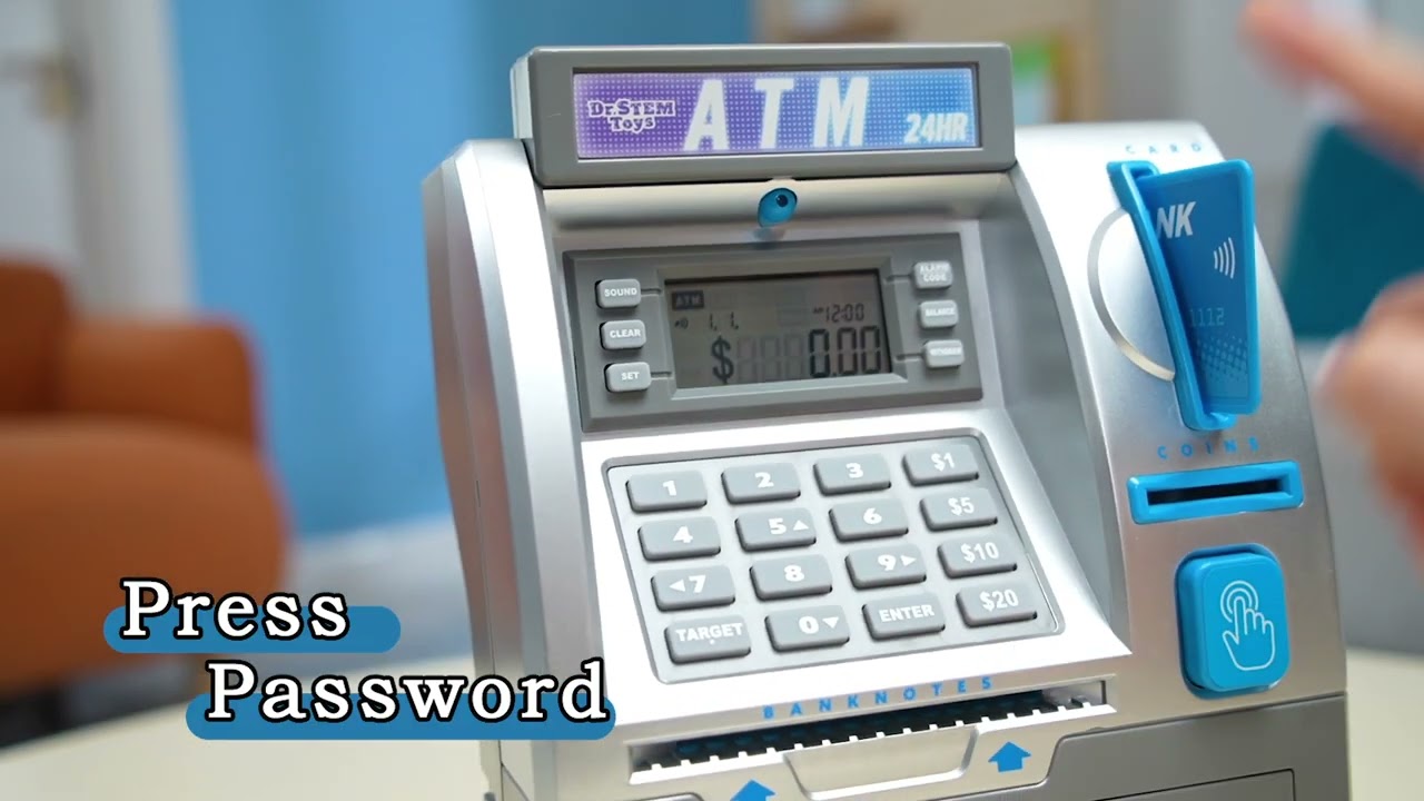 Dr. STEM Toys - Kids ATM Savings Bank &ndash; Electronic Piggy Bank with Bill Feeder, Coin Counter, & LCD