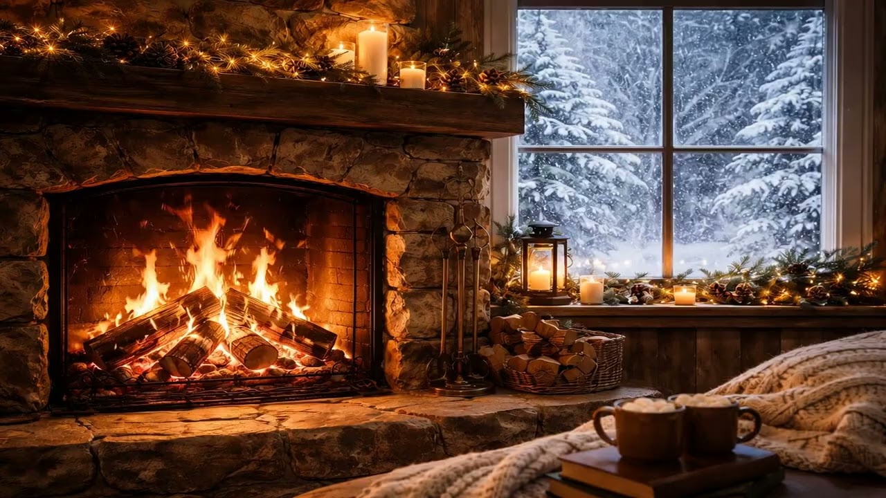 3 HOURS of ASMR fireplace and snowfall for rest, stone fireplace with burning logs
