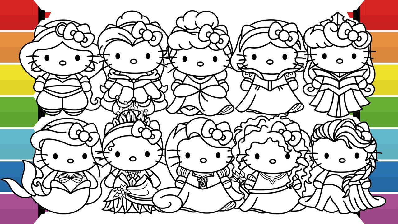 Hello Kitty as Disney Princesses Coloring Book Compilation | Ariel Tiana Belle Merida Elsa Jasmine