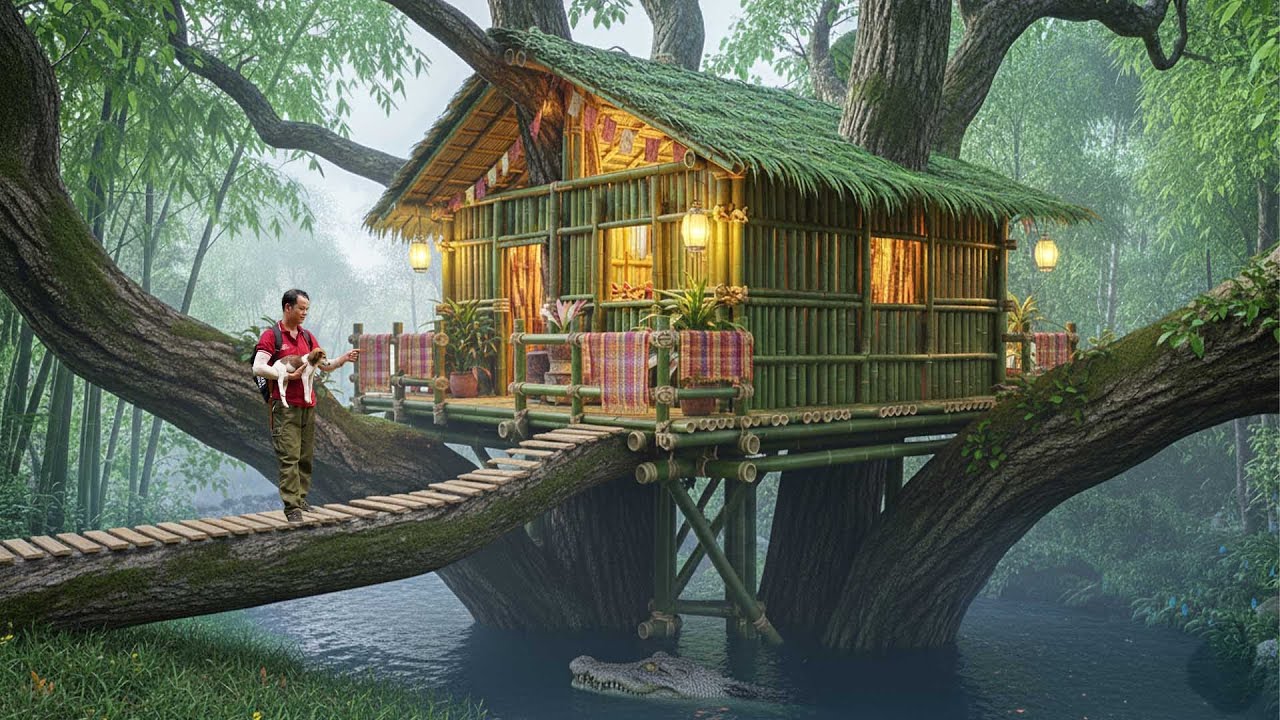 Building a Bamboo Shelter in a Tree by the Stream - Avoid Wild Crocodiles