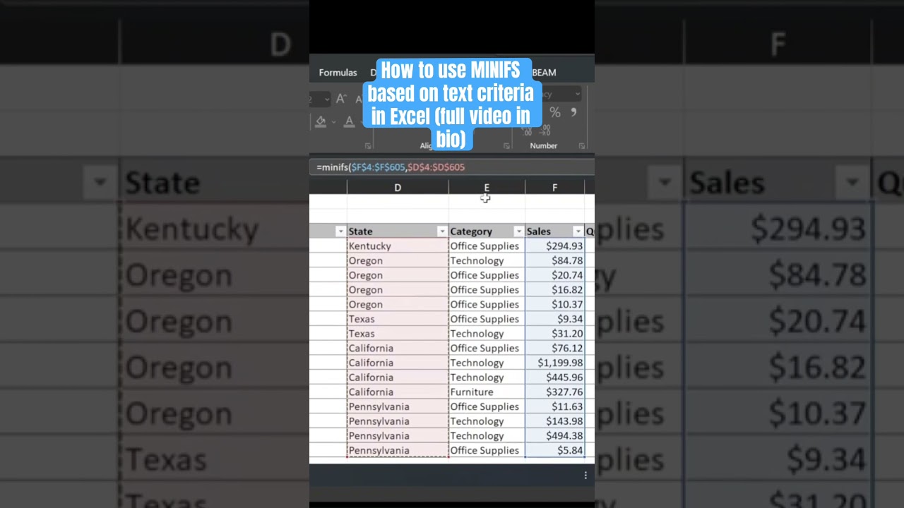 MS Excel - How to use MINIFS based on text criteria [Need 2 Know] #excel