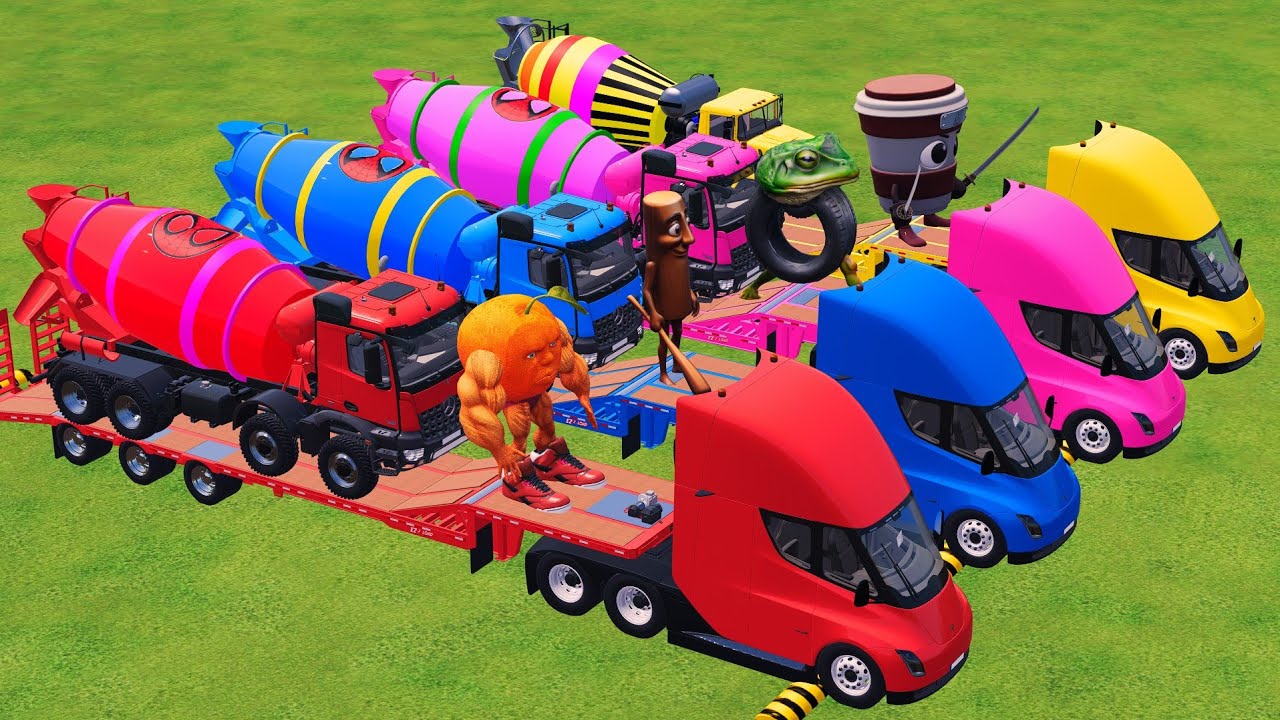 Trucks with Colors - ALL MIXER TRUCK WITH DOUBLE FLATBED TRAILER TRUCK, DAF, SCANIA, PETERBILT! FS22