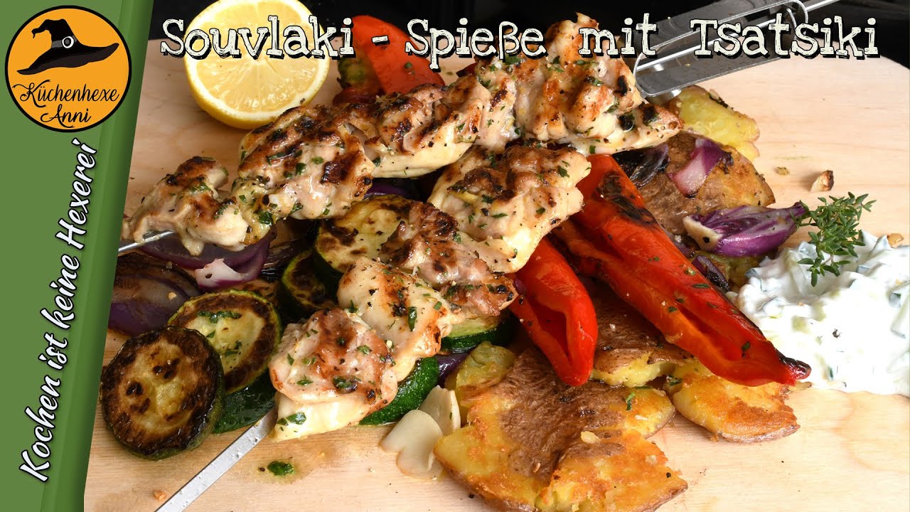Souvlakispieße mit Tsatsiki Grillgemüse und Qetschkartoffeln