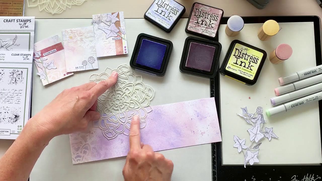 CLAIRE NEWCOMBE SHOWS HOW TO MAKE A TRIO OF ATCS USING THE MANDALA AND TRAILING FOLIAGE STAMPS