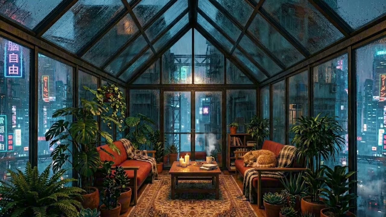 POV: taking shelter from the rain in a futuristic city greenhouse (solarpunk lofi & rain sounds)