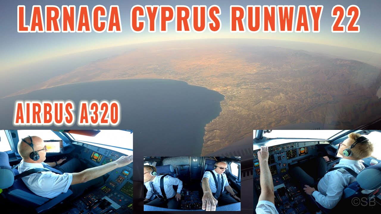 Ларнака (LCA), Кипр | Airbus заходит на посадку над островом на ВПП 22 | пилоты + вид из кабины | 4k