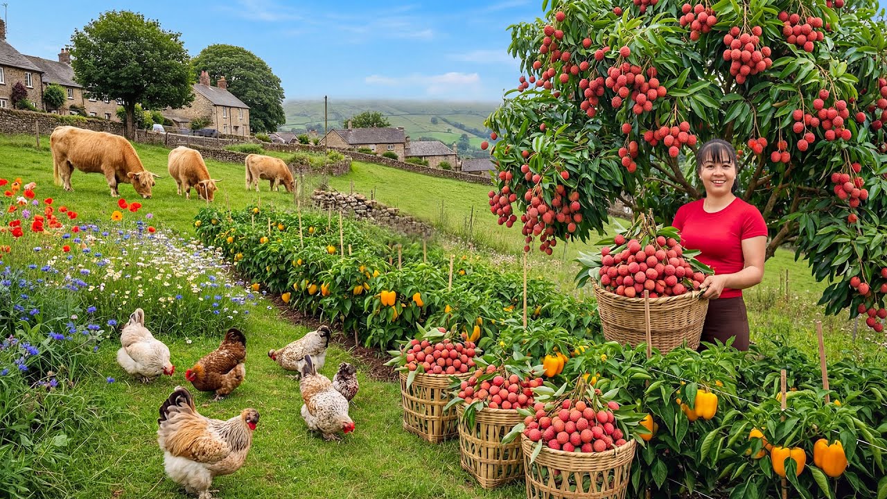 TIMELAPSE -- Harvesting Lychee Fruits & Vegetable and Raising Highland Cattle - Cooking Lychee Syrup